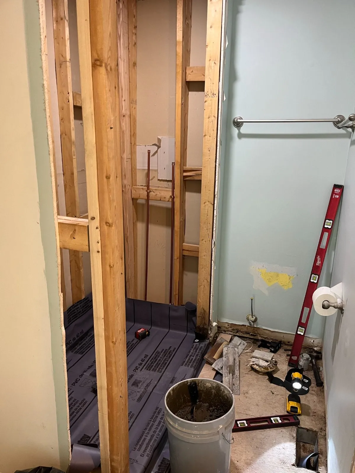 Shower stall framed, pan liner down